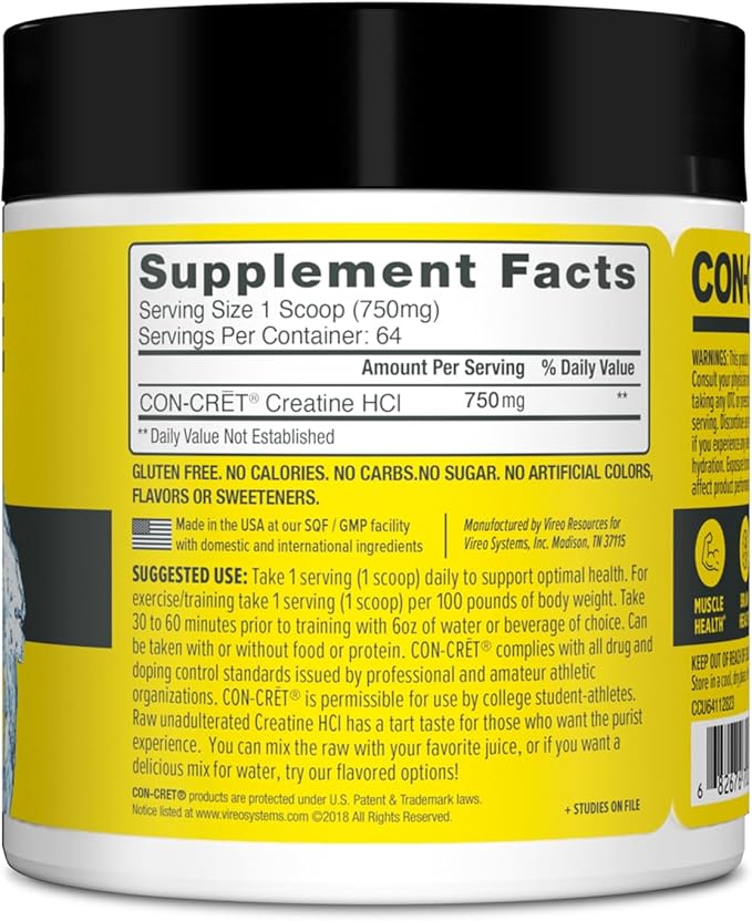 CON-CRET Creatine HCl Powder | Muscle Cognitive Cellular Energy Support | No Bloating or Cramps | USA Made &amp NSF Certified | Unflavored (64 Serving)