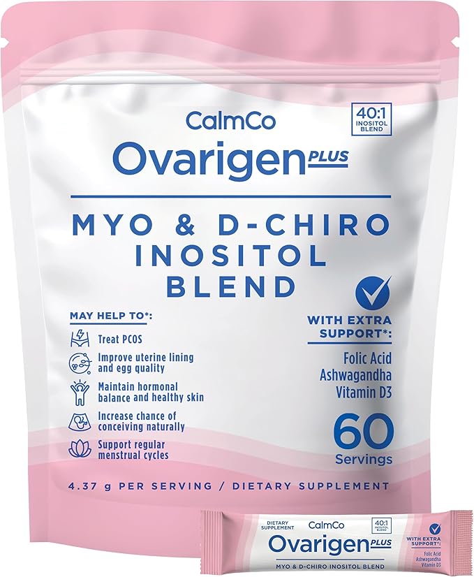 CalmCo Ovarigen Plus Myo-Inositol &amp D-Chiro Inositol Supplement for Women – 40:1 Powder with Folic Acid Ashwagandha &amp Vitamin D3 Fertility Supplements for PCOS Ovarian Support (60 Sachets)