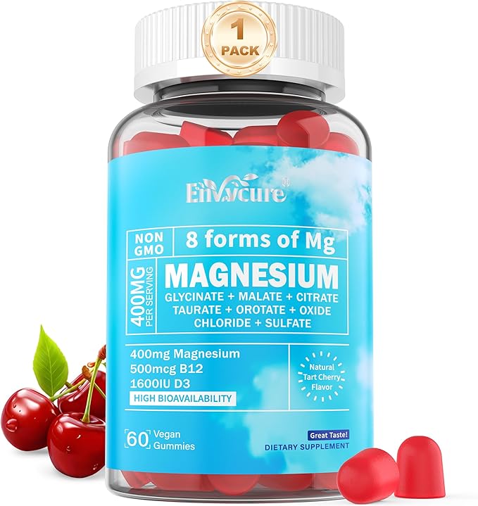 Magnesium Complex Gummies 400mg | as 8 Forms of Magnesium Glycinate Malate Citrate Taurate Oxide &amp More | w/Ashwagandha Extract D3 &amp B12 Supports for Calm Zzz Mood - Vegan 60Cts