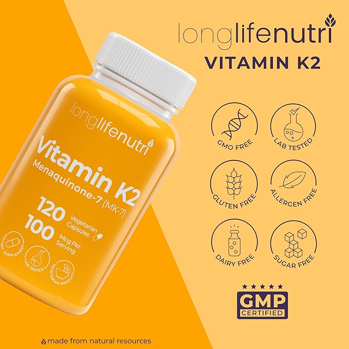 LongLifeNutri Vitamin K2 MK-7 100mcg – Nutrient Support for Bones and Circulation 120 Vegetarian Capsules 4-Month Supply Lab Tested Made in the USA Non-GMO