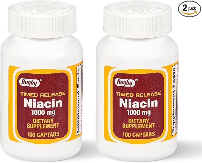 Rugby Timed-Release Niacin 1000mg Dietary Supplement for Adults for Energy Circulation and Metabolism Support 100 Captabs (Pack of 2)