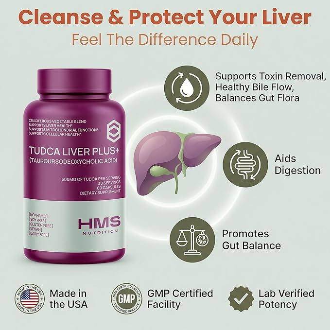 TUDCA Liver Plus+ Liver Support Supplement for Liver Cleanse with Milk Thistle Seed Extract Vitamin B12 Folate Tudca Bile Salt Supplement (Tauroursodeoxycholic Acid) 60 Capsules 1 Month Supply