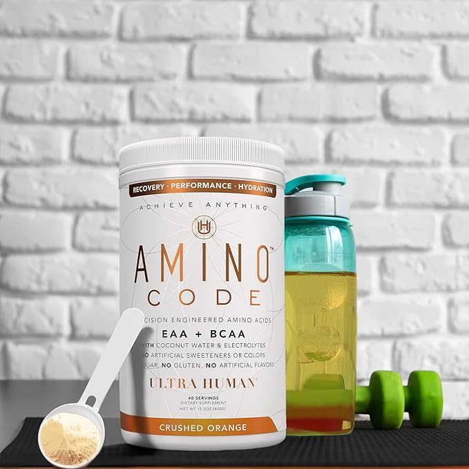 Ultra Human Amino Code | Essential Amino Acids + BCAAs + Coconut Water Electrolytes | Fast Hydration Workout Recovery Flavored Amino Energy Powder Drink | Clean Formula 40 Servings - Crushed Orange
