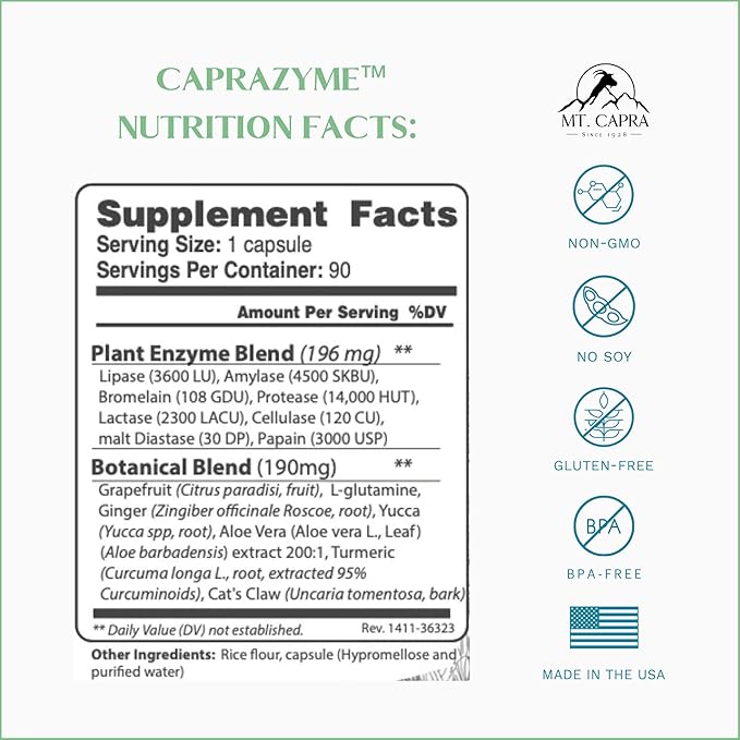 CapraZyme by Mt. Capra | Vegetarian Digestive Enzyme Supplement for Men and Women Amylase Lipase Bromelain Protease with Botanical Blend Grapefruit Ginger and Turmeric | 90 Capsules