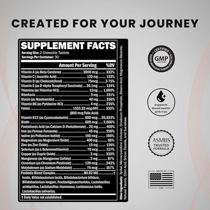 Journey Bariatric Multivitamin with Probiotics &amp Iron – Chewable Berry (60 Count)