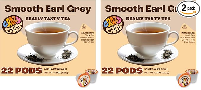 Crazy Cups Smooth Earl Grey Herbal Tea Pods 22 Count | Caffeine Free Kosher Certified Black Tea Blend with Licorice Root &amp Star Anise K Cup Compatible Bold Bergamot Flavor Gluten Free Vegan