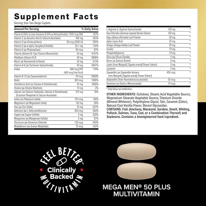 GNC Mega Men 50 Plus Vitapak Program Convenient Complete Nutrition 5 Products in 1 Vitamin Pack Multivitamin Fish Oil Mental Sharpness Ginkgo Prostate Health 30 Packets 30 Day Supply