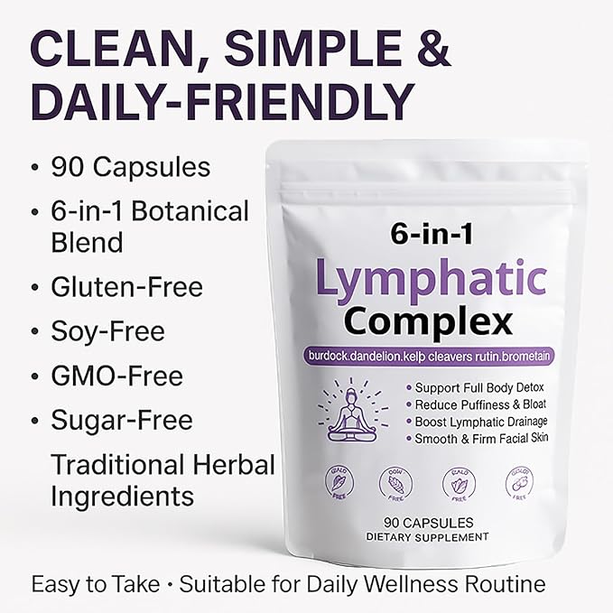 6 in 1 Lymphatic Complex Capsules – Lymphatic drainage with Burdock Dandelion Kelp Cleavers for Reduce Bloat Balance Cortisol Full Body Detox &amp Skin Vitality | Vegan · Non-GMO 90 Capsules (1)