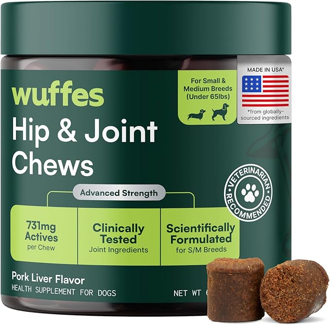 Wuffes Advanced Dog Hip and Joint Supplement with Glucosamine Chondroitin Omega 3 MSM and Green Lipped Mussel 60 Pork Flavored Chews for Small and Medium Dog Breeds