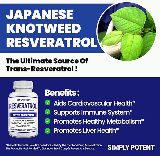 Simply Potent Resveratrol 1000mg Supplement with Black Pepper for Max Absorption Antioxidant &amp Anti-Aging Pills for Heart Immune &amp Skin Health 90 Capsules