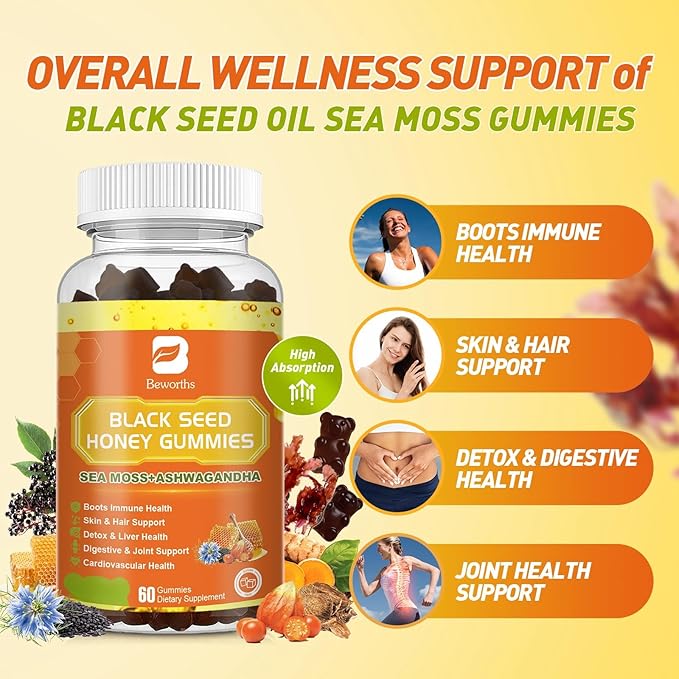 Black Seed Oil Sea Moss Gummies with Ashwagandha Burdock Root Linden Honey Elderberry Turmeric Vitamin C D3 &amp Zinc - Supports Immunity Joints Digestion Hair &amp Skin Vegan Gummies 60 C