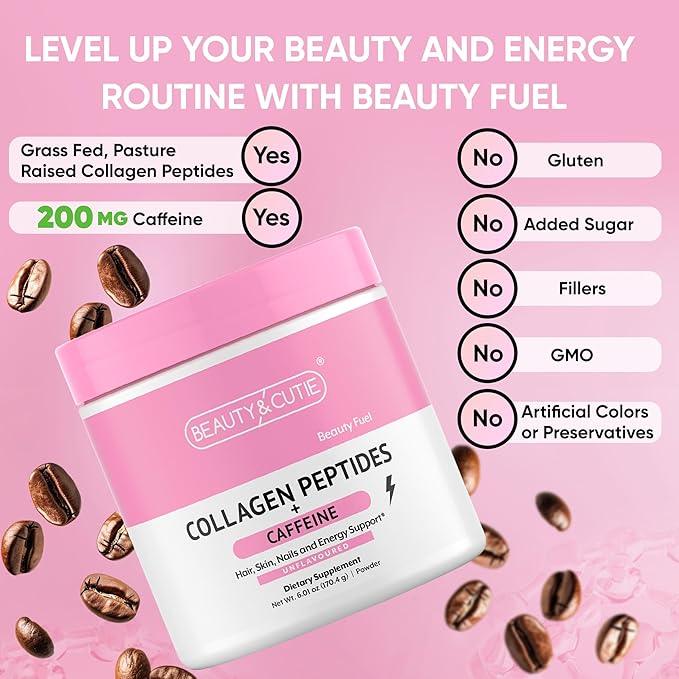 Collagen Peptides with Caffeine 200 mg Powder Grass Fed for Hair Skin Nails and Energy Support Gluten Free Unflavored 6.01 oz