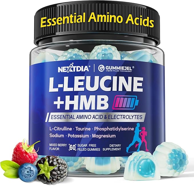 Hmb and L-Leucine Gummies Pre Work Essential Amino Acids EAA Supplements for Men &amp Women w/Branched-Chain Amino (BCAA) &amp 4 Hydration Electrolytes Taurine B12 &amp D3 for Fast Workout Reco