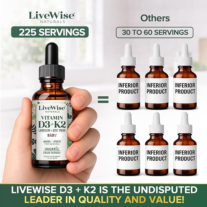 Live Wise Naturals Organic Vitamin D3 K2 Liquid Drops for Babies Concentrated Formulation 225 Servings (MK-7) Micro-Dose Dropper Gentle Daily Supplementation Early Development Precise Dosing