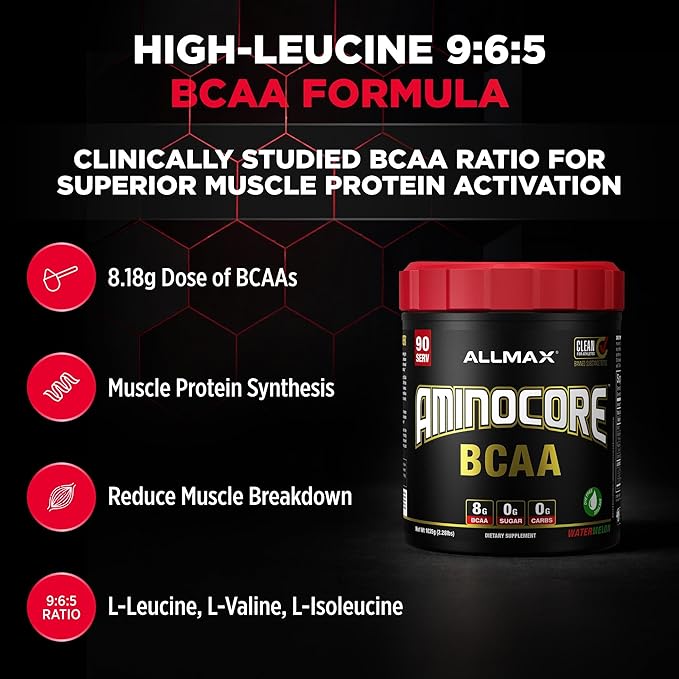 ALLMAX AMINOCORE BCAA Powder for Workout Muscle Recovery &amp Increased Endurance - Sugar Free No Fillers 8.18 Grams Bcaas Amino Acids B Vitamins for Women and Men- 90 Servings | Watermelon 1035g
