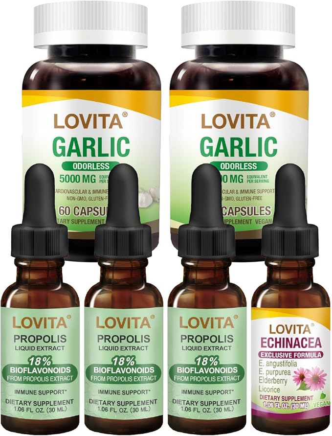 LOVITA Daily Vitality Bundle - 3 Propolis Drops 2 Odorless Garlic &amp 1 Echinacea Liquid Heart Health &amp Immune Boost (6 Pc Set)