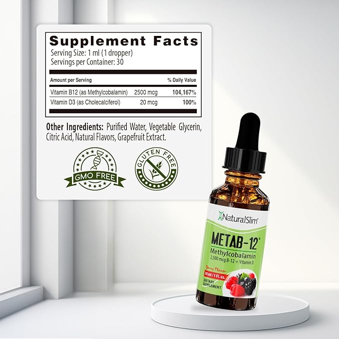 NaturalSlim Liquid B12 Vitamins with Vitamin D - Metab-12 Methylcobalamin 2500 mcg B12 Sublingual Drops for Metabolism Energy &amp Immune Support - Berry Flavor 1 fl oz