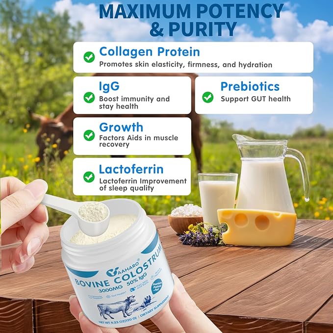 Colostrum Powder - Bovine Colostrum Supplement with Collagen Peptides for Women Men Grass Fed High IgG Superfood for Gut Health Immune Support Nail Hair Growth Easy to Mix Unflavored 4.23OZ