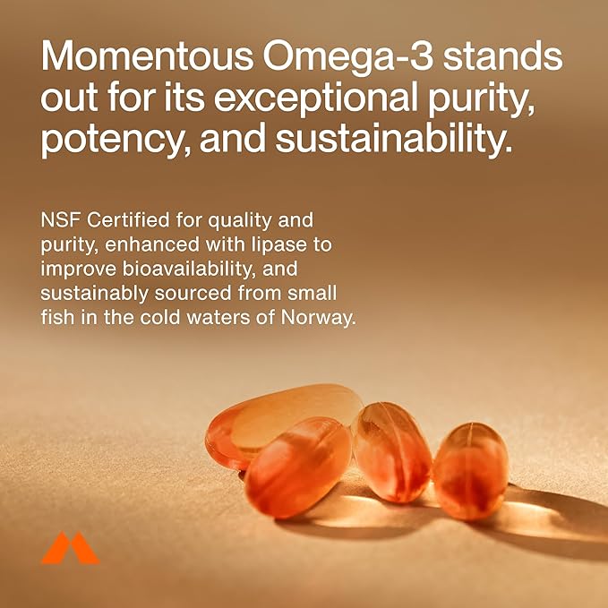 Momentous Omega-3 Fish Oil - High-Potency EPA &amp DHA Supplement for Men &amp Women - Supports Heart Joint &amp Brain Health - NSF Certified for Sport - Non-GMO - Gluten-Free - 1600 mg - 30 Ser