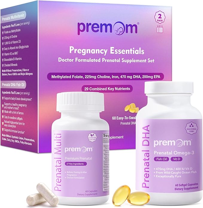 Premom Prenatal Vitamins for Women &amp Prenatal DHA Fish Oil - Conception for Her Multivitamin: 27 Nutrients + Triglyceride Omega 3 with 470mg DHA - Fertility Support for Women