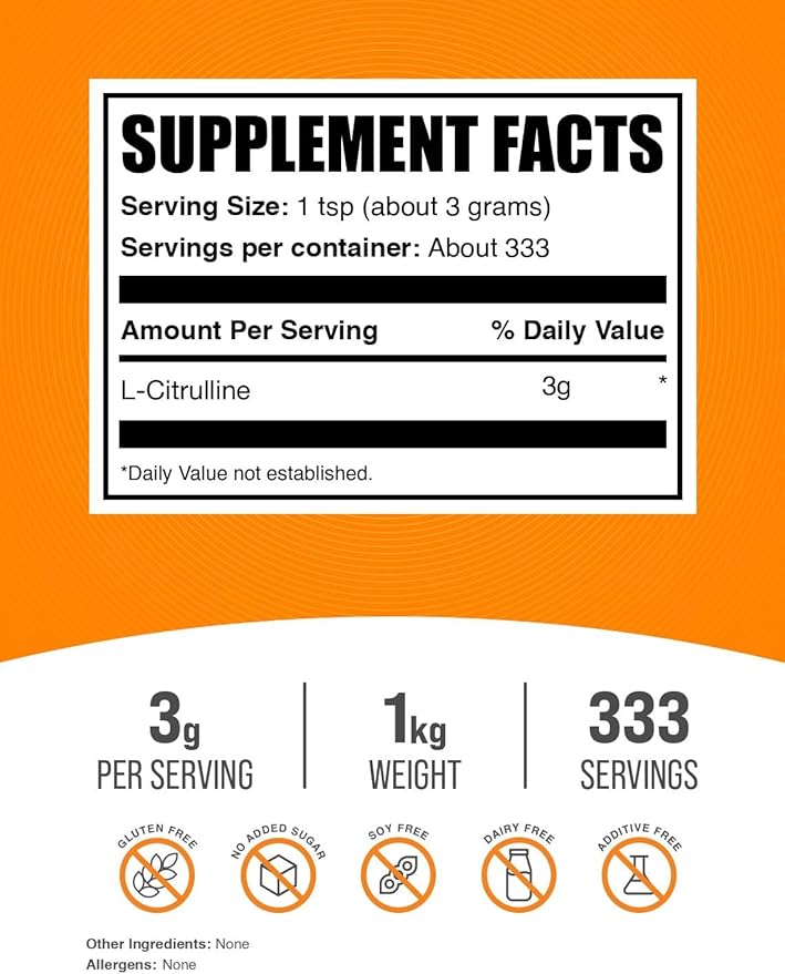 BulkSupplements.com L-Citrulline Powder - Citrulline Supplement Nitric Oxide Supplement - Unflavored &amp Gluten Free - 3g per Servings 1kg (2.2 lbs) (Pack of 1)