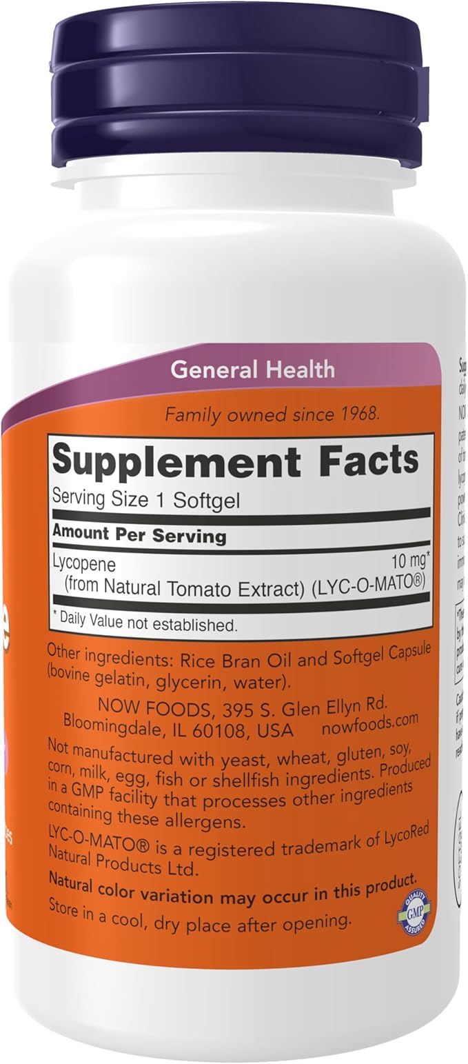 NOW Supplements Lycopene 10 mg with Natural Extract from Tomatoes Free Radical Scavenger* 120 Softgels