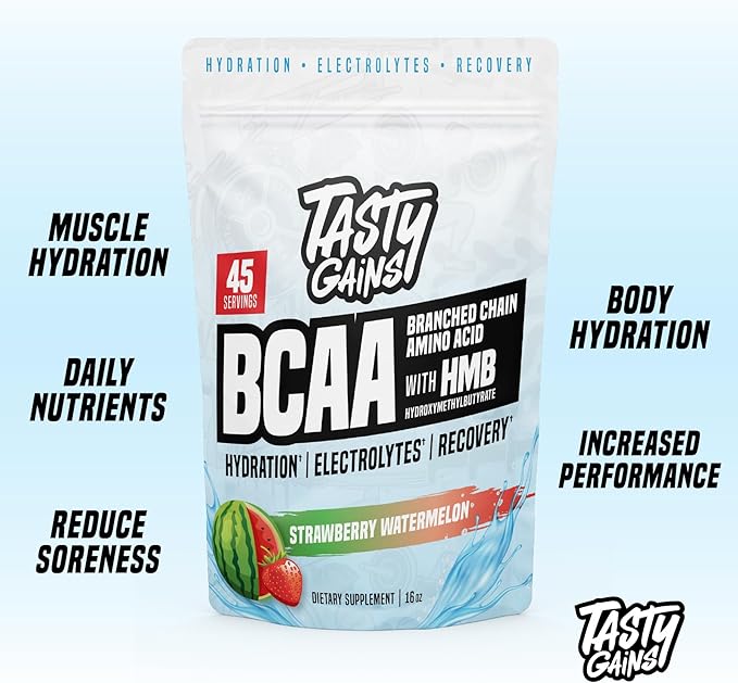 TASTY GAINS - Amino Acids Supplement - BCAA Powder Amino Energy Powder Essential Energy with Electrolytes Essential BCAA &amp EAA with HMB - 45 Servings Strawberry Watermelon