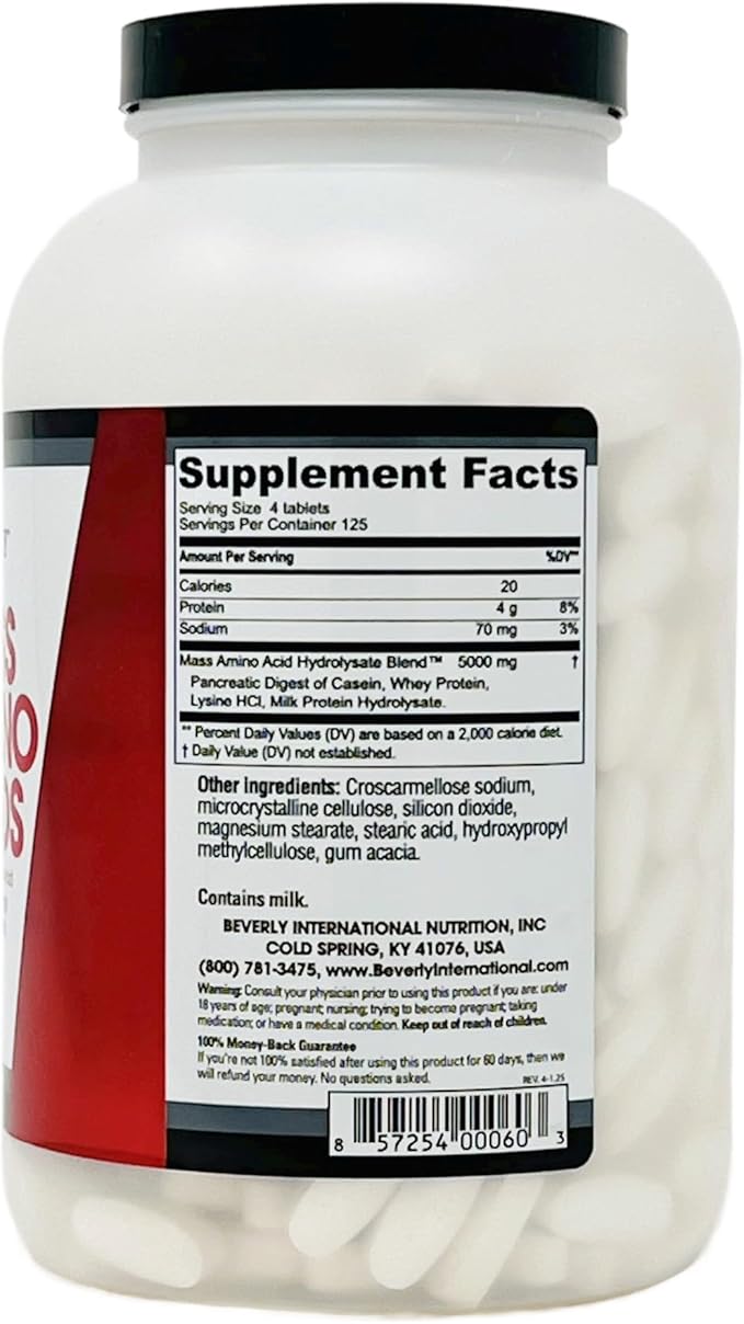 Beverly International Mass Amino Acids 500 Tabs. Use Pre-Post Workout with Meals Essential for Muscle Recovery and Repair. Complete Amino Acid Profile