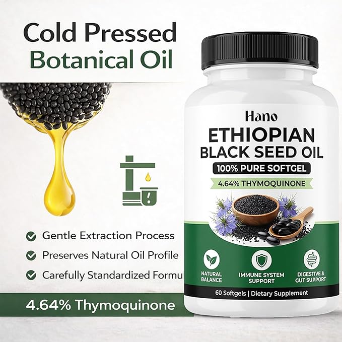 Hano Ethiopian Black Seed Oil Capsules with Cold Pressed Nigella Sativa Seed Oil 4.64% Thymoquinone Plant Based Botanical Supplement Non GMO 60 Softgels (1)