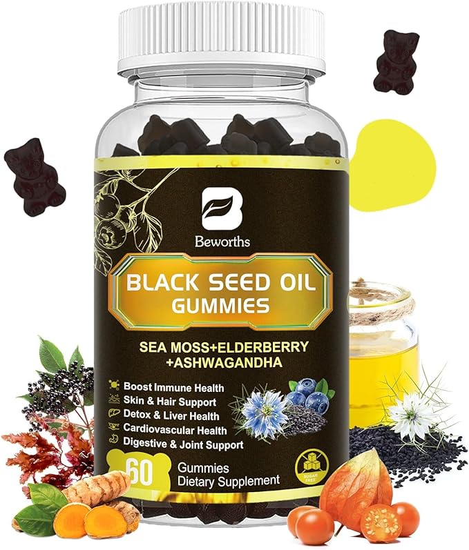 Black Seed Oil Gummies with Ashwagandha &amp Irish Sea Moss &amp Elderberry – Immune Support Supplement with Vitamin C D3 Zinc Nigella Sativa Black Cumin Gummy for Hair Growth &amp Joint Health