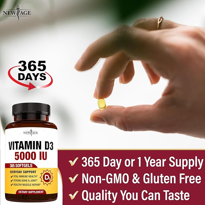 NEW AGE Vitamin D3 5000 IU 125mcg Softgels - Support Immune Support Strong Bone Health - Non-GMO Gluten-Free Dairy-Free1 Year Supply (360 Softgels (Pack of 1))
