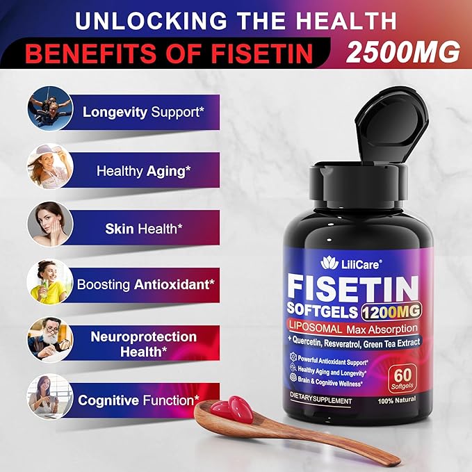 LILICARE Fisetin Supplement - Liposomal Super Absorption 98% Pure 1200mg with Quercetin Resveratrol Green Tea Extract for Healthy Aging &amp Longevity Skin Health Brain &amp Antioxidant - 60 Sof