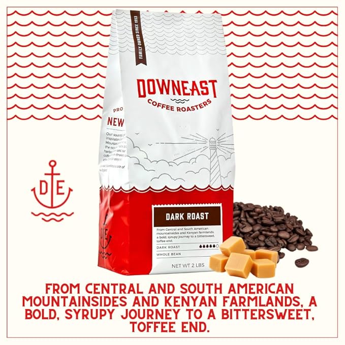 Downeast Coffee Roasters Whole Bean Coffee - Dark Roast 100% Arabica Coffee - Bold Syrupy Bittersweet Toffee Notes - Kenya Central and South American Highlands (2 lb Bag)