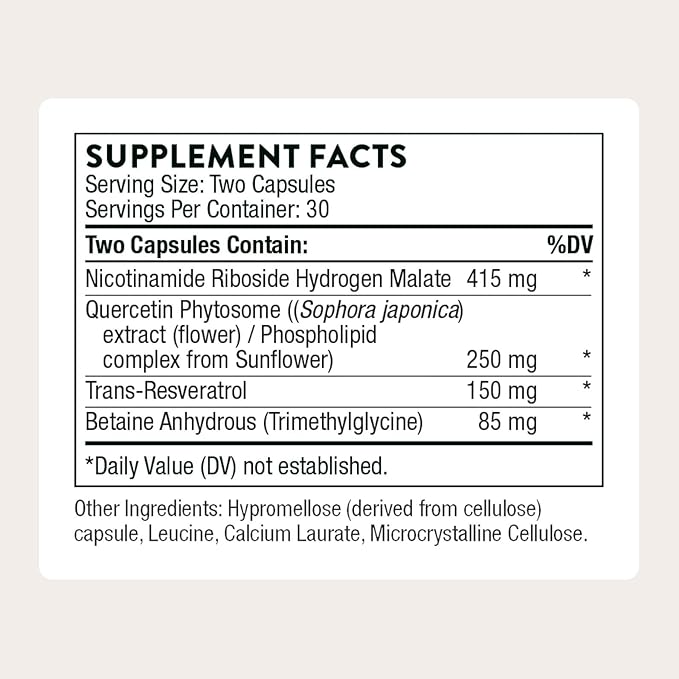 Thorne ResveraCel - Nicotinamide Riboside with Quercetin Phytosome and Resveratrol - Support Healthy Aging Methylation Cellular Energy Production and Metabolism - 60 Capsules - 30 Servings
