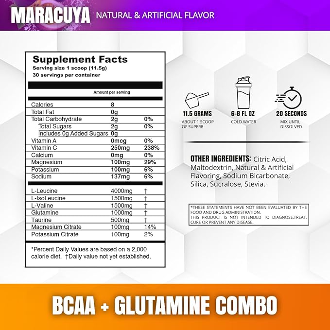 Super 8 High Performance BCAA Electrolyte &amp Glutamine Blend Formula - Post-Workout Recovery and Muscle Building Supplement 30 Serving (Maracuya)