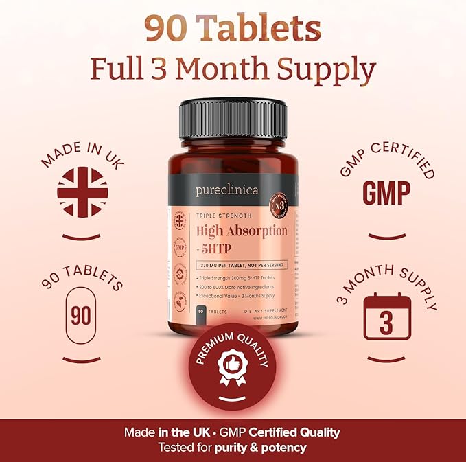 pureclinica 5HTP 300mg x 180 Tablets (2 Bottles with 90 Tablets in Each - 6 Months Supply. with 220mg Vitamin C B6 and Black Pepper Extract. SKU: 5H3x2