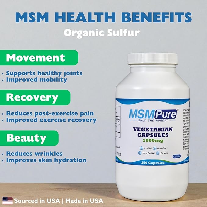 KALA HEALTH MSMPure MSM Vegetarian Capsules – 1000 mg US-Made MSM per Capsule for Joint Health Skin Appearance Hair &amp Nail Support – 250 Count Organic Sulfur