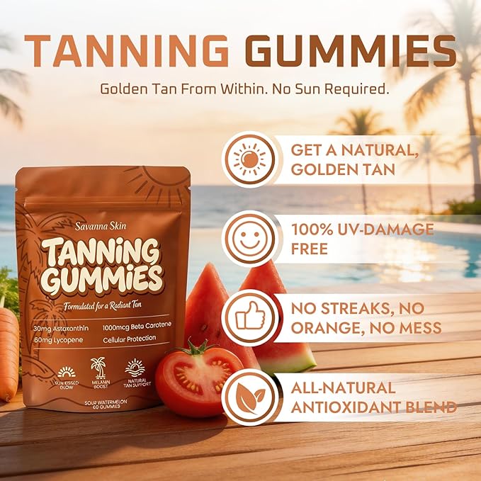 velura Savanna Skin Tanning Gummies Astaxanthin &amp Lycopene Complex for Natural Sun-Kissed Glow &amp Hydration Watermelon Vegan Sugar Free – 60 Count