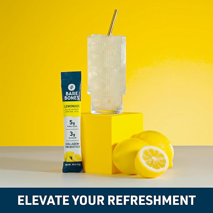 Bare Bones Lemonade Elevated Drink Mix | Light &amp Flavorful | Gluten-Free &amp Naturally Sweetened | On-the-Go Stick Single-Serve Packs Powdered Refreshment | 5g Protein | 16 Packets (.60 oz)