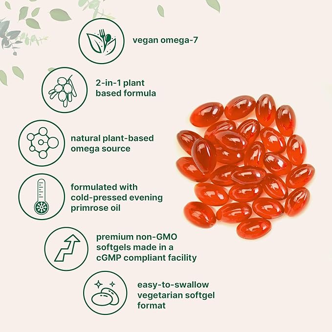 Vegan Omega-7 Sea Buckthorn Oil 240 Vegetarian Softgels | 2-in-1 with Evening Primrose Oil | Plant Based Botanical Oil Blend | Non-GMO Gluten &amp Carrageenan Free