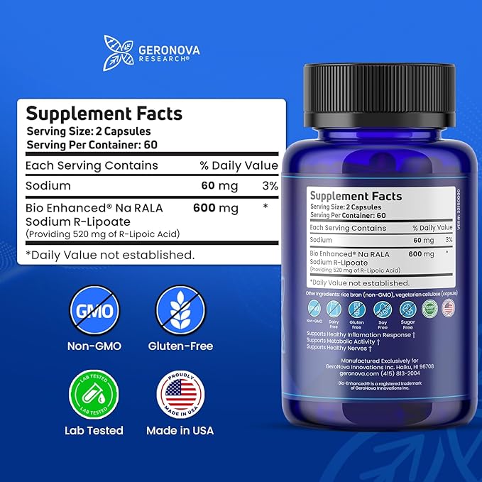 Geronova Research Bio-Enhanced R-Lipoic Acid 600 mg Dose - 2 Month Supply - Stabilized R Alpha Lipoic Acid with Enhanced Absorption - R Lipoic Acid Supplement - 120 Capsules
