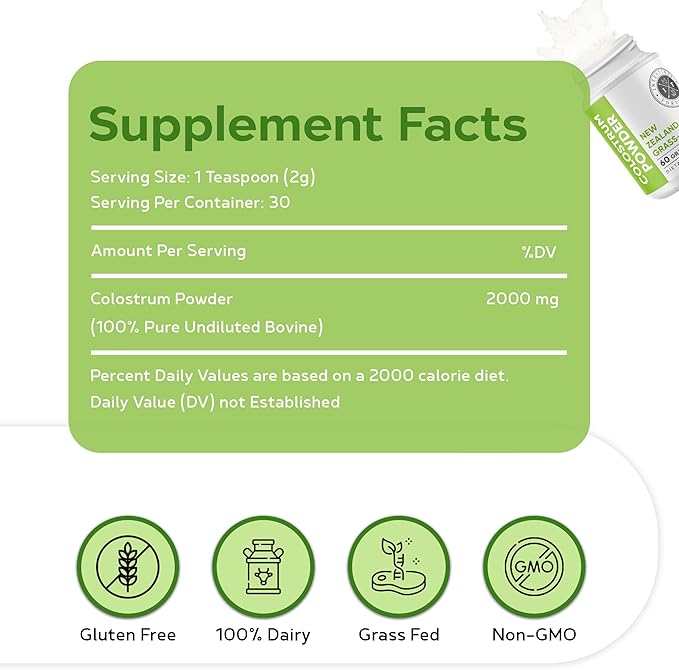 Intestinal Fortitude 100% Grass Fed New Zealand Cows Colostrum Powder Grassfed Hormone Free GMO Free Optimal Gut Health and Immune System Support Leaky Gut IBD 60 Grams