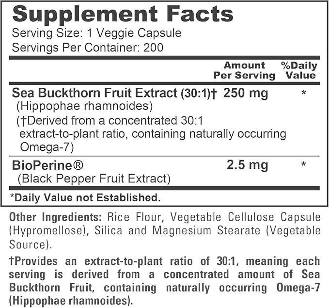 NusaPure Sea Buckthorn Omega-7 250 mg 200 Veg Capsules (Non-GMO Vegan)