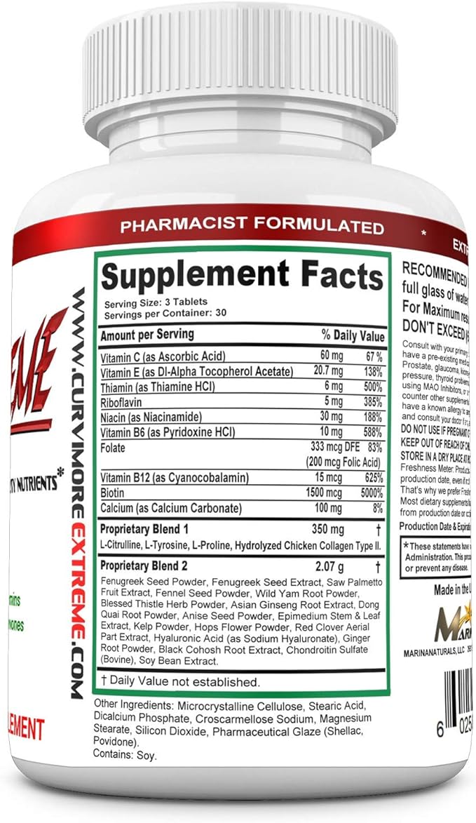 CURVIMORE Extreme The Most Advanced and Loaded Breast Enlargement Butt Enhancement Lip Plumping and Skin Tightening 5 in 1 Extreme Strength Pills -Natural Bust and Butt Enhancement Pills-90 Tablets