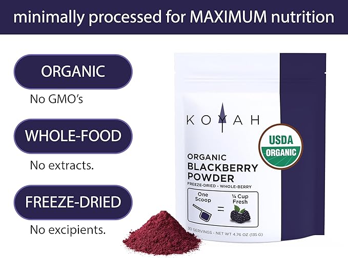KOYAH - Organic BlackBerry Powder: 30 Servings (1 Scoop = 1/4 Cup Fresh): Freeze-Dried Whole-Berry Powder Raw