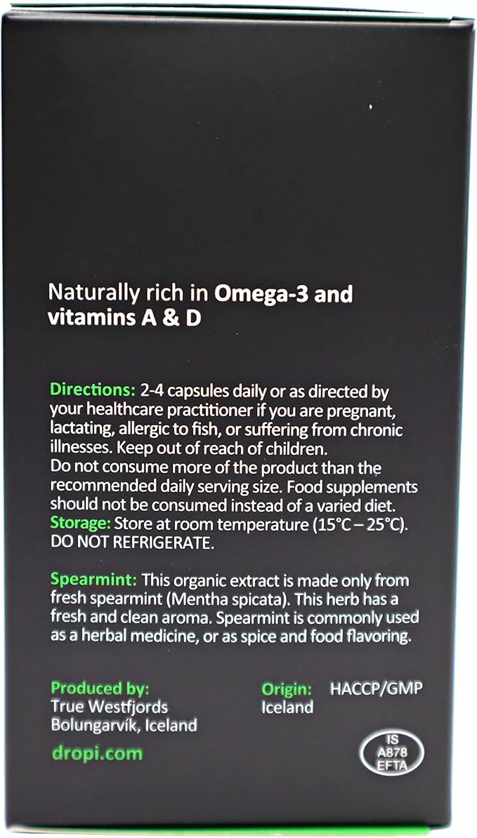Dropi Pure Icelandic Cod Liver Oil Capsules - Extra Virgin - Organic Fresh Spearmint Extract - Cod Liver Oil Softgels Naturally Rich in Super Omega 3 Fatty Acids Vitamin A Vitamin D - 60 Ct (500mg)