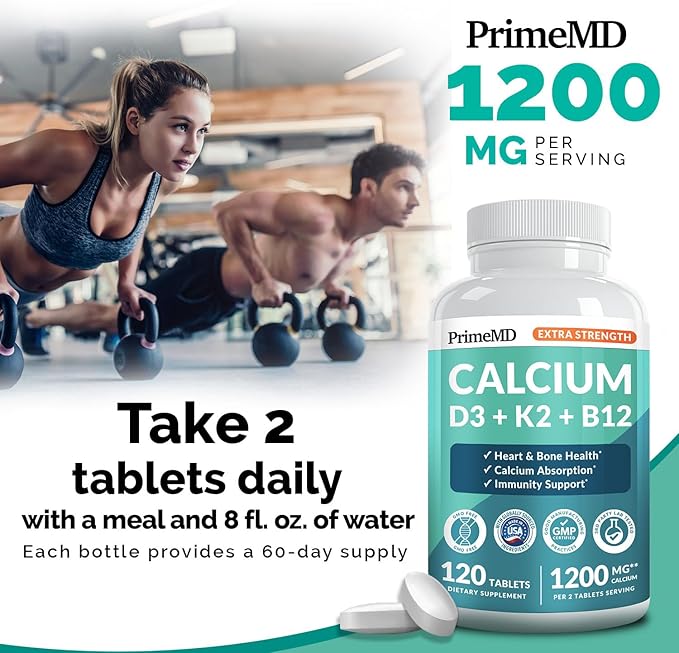 4-in-1 Calcium 1200 mg with Vitamin D3 K2 - Extra Strength Calcium Supplements for Women &amp Men with D3 K2 Vitamin 5000 IU - Everyday Vitality Supplement - Vegan-Friendly Gluten-Free Non-GMO (120