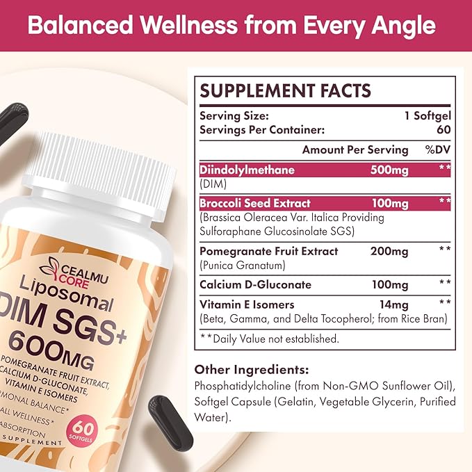 Liposomal DIM SGS Supplement - Estrogen Supplements for Women &amp Men Contains Sulforaphane Glucosinolate Vitamin E Pomegranate Fruit - Support Detox and Antioxidant (1 Pack)