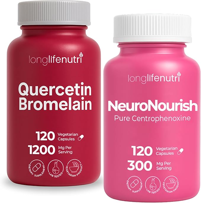 LongLifeNutri Quercetin 1000 mg with Bromelain 200mg &amp Centrophenoxine 300 mg Bundle – 120/120 Vegan Capsules 2–4 Month Supply Respiratory Bioflavonoid Non-GMO GMP Certified Made in USA