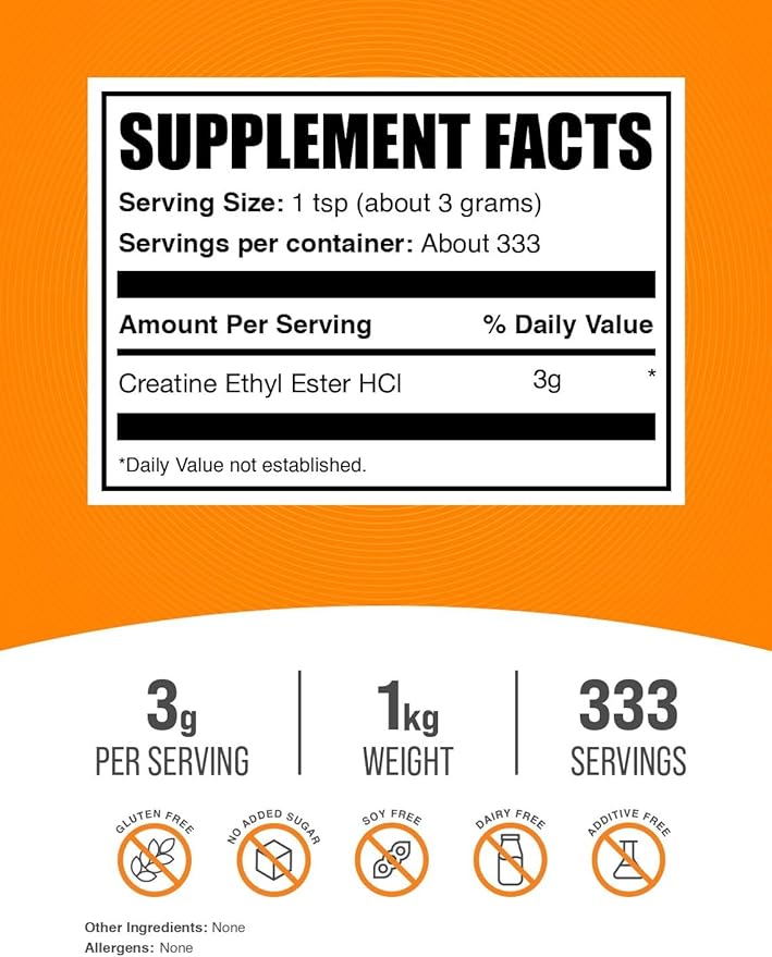BulkSupplements.com Creatine Ethyl Ester HCl Powder - Creatine Supplement Creatine Ethyl Ester Powder - Unflavored &amp Gluten Free 3g per Serving 1kg (2.2 lbs) (Pack of 1)